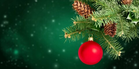 Decorated with ornaments and lights Christmas tree on dark green background. Merry Christmas and Happy Holidays.