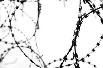Barbed wire in the snow close-up. Abstraction, selective focus