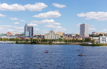Fototapeta premium Kazan, Russia. View of Lake Kaban and city modern buildings