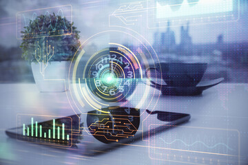 Double exposure of data theme drawing and mobile phone background. Concept of innovation