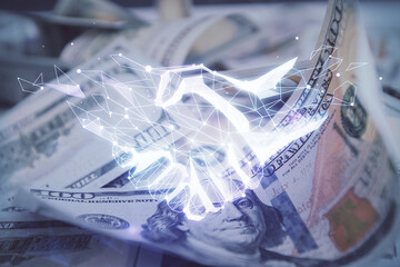 Double exposure of handshake drawing over usa dollars bill background. Partnership concept.