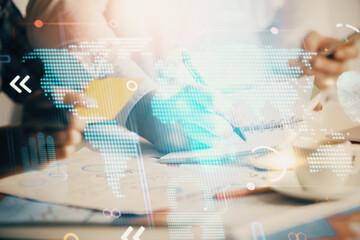 Double exposure of map drawing over people taking notes background. Concept of international connection