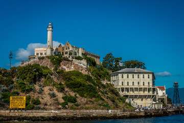 Beautiful scene of a building in Alcatraz Island, USA with a blue sky