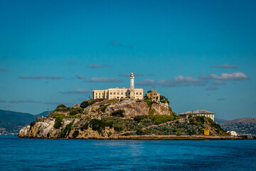 Beautiful scene of a building in Alcatraz Island, USA with a blue sky