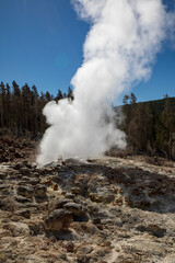 Steamboat Geyser at Norris Geyser Basin in summer, Yellowstone National Park Wyoming hot springs.