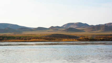 Ili river rocky banks autumn landscape