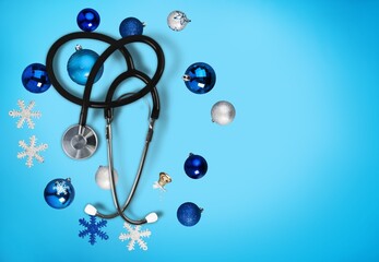 Christmas, medicine greeting card. Christmas decorations, pills. Medical concept.