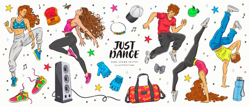Hand drawn sketch dance studio set. Vector illustration of happy young dancing men and women