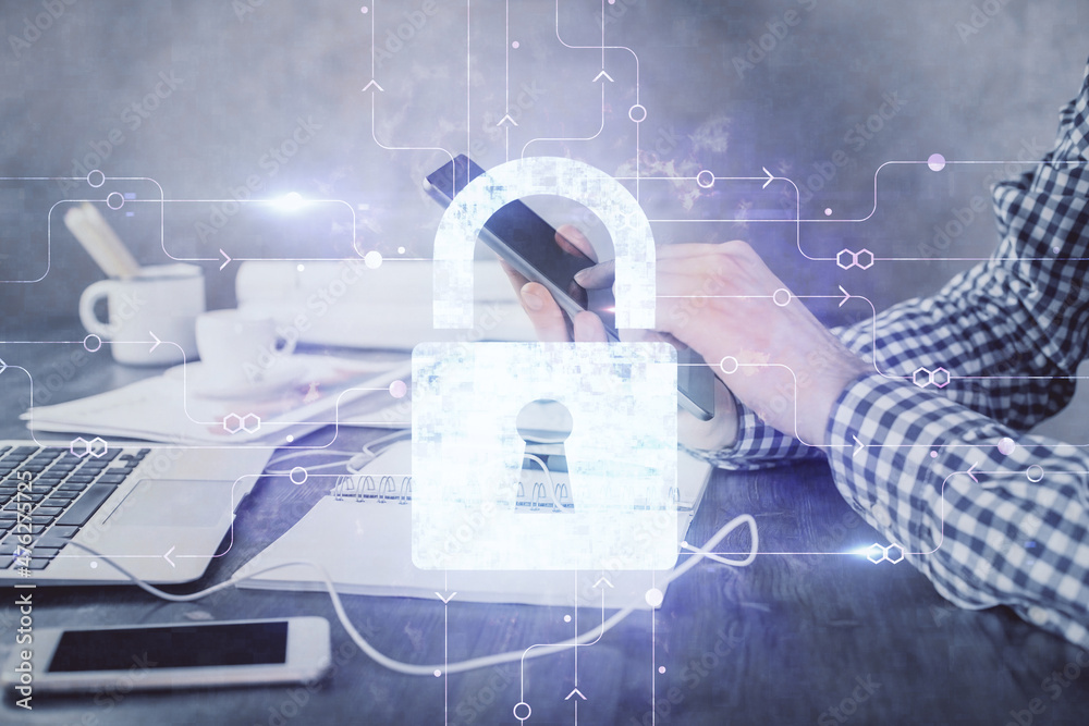 Aufkleber Multi exposure of man's hands holding and using a digital device and lock drawing. Security concept.