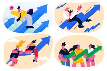 Set of excited businesspeople celebrate business success or financial growth