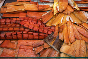 Various smoked fish products. Healthy eating and fish market concept