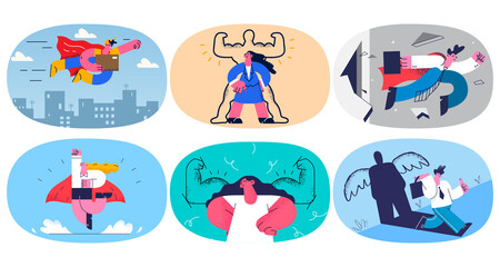 Set of workers as superheroes show leadership 
