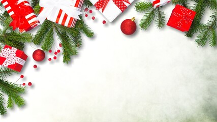 Fototapeta na wymiar Christmas mood border of gifts, green fir, gold decorations on background.