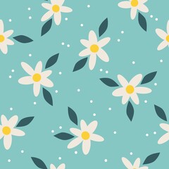 Fototapeta na wymiar Beautiful vintage floral pattern. white flowers and dots . dark blue leaves. light blue background. Floral seamless background. An elegant template for fashionable prints.