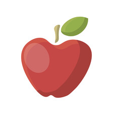 Red apple with shadow and green leaf on white background, simple flat image. Suitable for apps and books