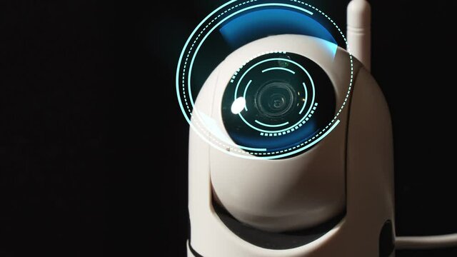Security camera looking and scanning at home. Artificial intelligence and surveillance concept.