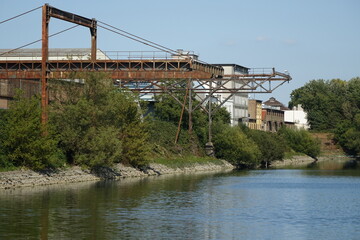 Old buildings and rustic framework structure in Mannheim Bonadieshafen harbour, Mannheim, Baden...