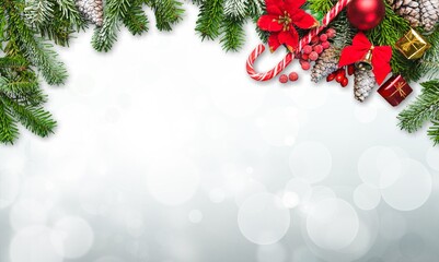 Christmas mood border of gifts, green fir, gold decorations on background.
