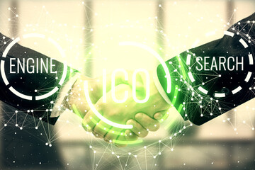 Double exposure of blockchain hologram and handshake of two men. Crypto business concept.