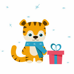 Cute cartoon tiger with gift and snow on white background. Symbol of new year. Vector illustration for postcard, banner, decor, design, arts, web, calendar, advirtising.