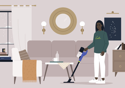 Housekeeping concept, a young female African character vacuum cleaning a living room rug, daily chores