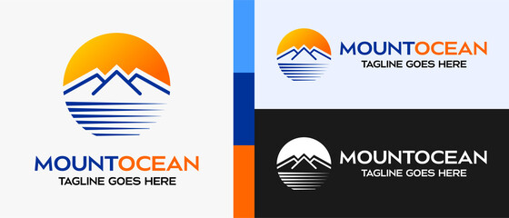 Fototapeta Mountains design logo template over lake, beach or sea with moon or sun in circle. outdoor logo vector illustration. obraz