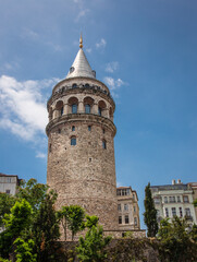 Fototapeta na wymiar The Galata Tower, a medieval stone tower made by Genoese in 14th century in Istanbul, Turkey. 