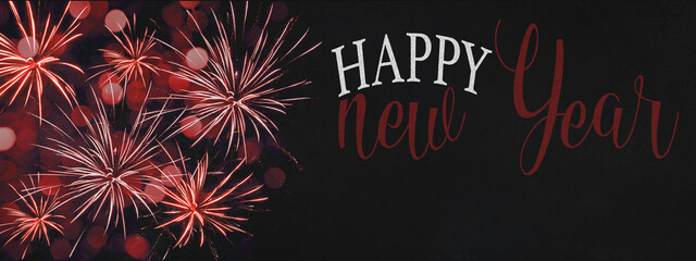 HAPPY NEW YEAR 2022  New Year's Eve Holiday Event Party Silvester background panorama banner - Fireworks and Typography on dark black night sky texture