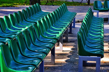 Several rows of plastic chairs