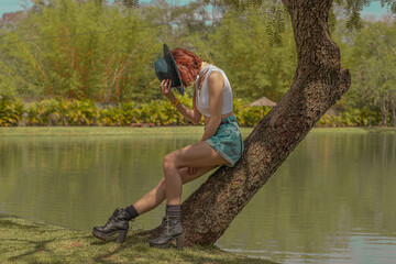 woman, water, lake, nature, river, summer, beauty, people, person, landscape, tree, park, green, girls, jeans