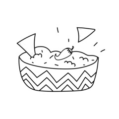 Mexican nachos with cheese and peppers. Nachos Day Poster. Mexican corn chips nachos with salsa dip. Drawing for restaurant menu. Bowl of guacamole. Vector illustration in doodle style isolated.