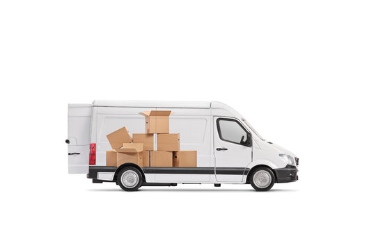 White van with a picture of cardboard boxes