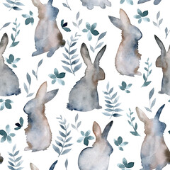 seamless watercolor pattern with Easter bunnies. minimalistic print with simple silhouettes of hares, leaves and plants on a white background. natural colors, forest animals