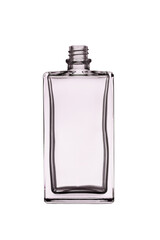 Empty open perfume bottle of rectangular shape with edges. Isolated on a white background, close-up