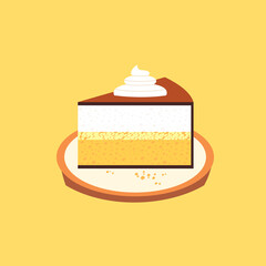 Sweet cream tart cake slice minimal vector icon. Creamy tart, pie cheesecake slice on plate cartoon design element. Sweet dessert food background illustration. Cake pie holiday menu, recipe template