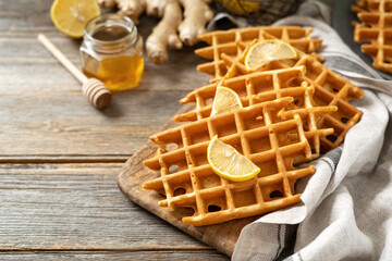 Ginger lemon waffles with honey on a serving board on a light gray wooden culinary background. Delicious healthy homemade cakes that increase immunity on the kitchen table closeup