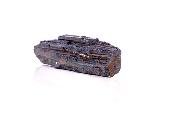 macro mineral stone sherle, schorl, black tourmaline on white background