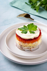  Traditional russian salad with herring and vegetables on a green background