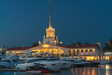 luxury private yachts moored at the pier of the seaport of Sochi, Russia