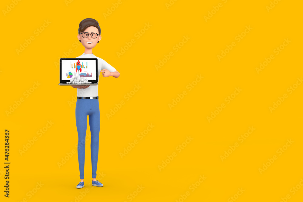 Aufkleber cartoon character person man hold laptop with business diagrams, graphics and toy rocket takes off s