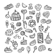 Collection of hand drawn sweet cakes tarts pie donut cupcakes chocolate dessert bakery