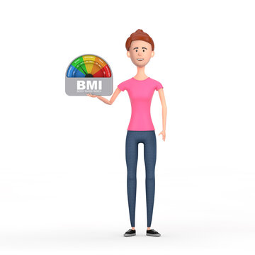 Cartoon Character Person Woman Hold BMI or Body Mass Index Scale Meter Dial Gage Icon. 3d Rendering