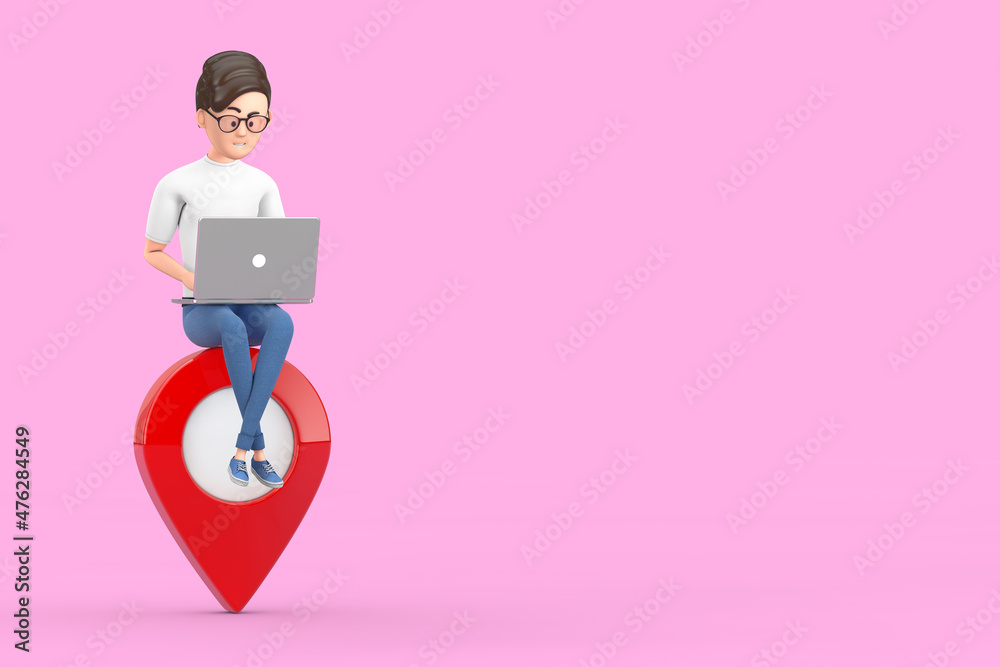 Poster Cartoon Character Person Businessman with Laptop working over Map Pointer Pin. 3d Rendering