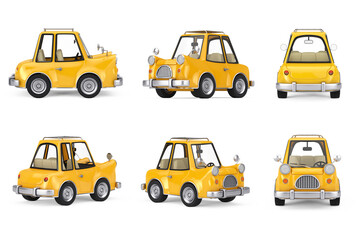 Set of Yellow Cartoon Cars in Different Views. 3d Rendering