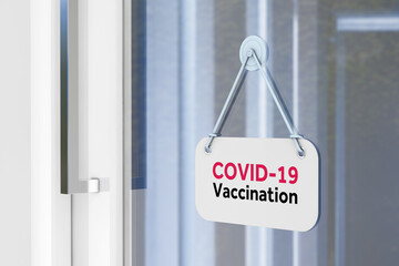 Hospital or Vaccination Point Door Signboard with COVID-19 Vaccination Sign. 3d Rendering