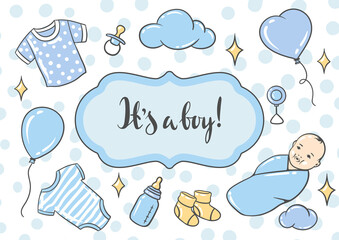 Happy Birthday greeting and invitation card. Holiday baby boy shower celebration symbols.