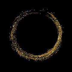 Gold glitter confetti on a black background. Scattered in a circle are shiny particles, sand. Decorative element, golden zen. Luxury background for your design, postcard, vector