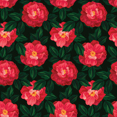 Seamless pattern with large pink wild rose flowers, leaves on a dark background. Realistic floral print with wild rose flowers and leaves. Imitation of watercolor, vector.