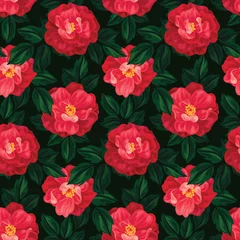 Fototapeten Seamless pattern with large pink wild rose flowers, leaves on a dark background. Realistic floral print with wild rose flowers and leaves. Imitation of watercolor, vector. © Yulya i Kot
