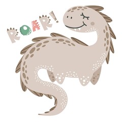 Children's vector illustration. Cute dinosaur and Roar littering. Illustration for print on children's clothing.